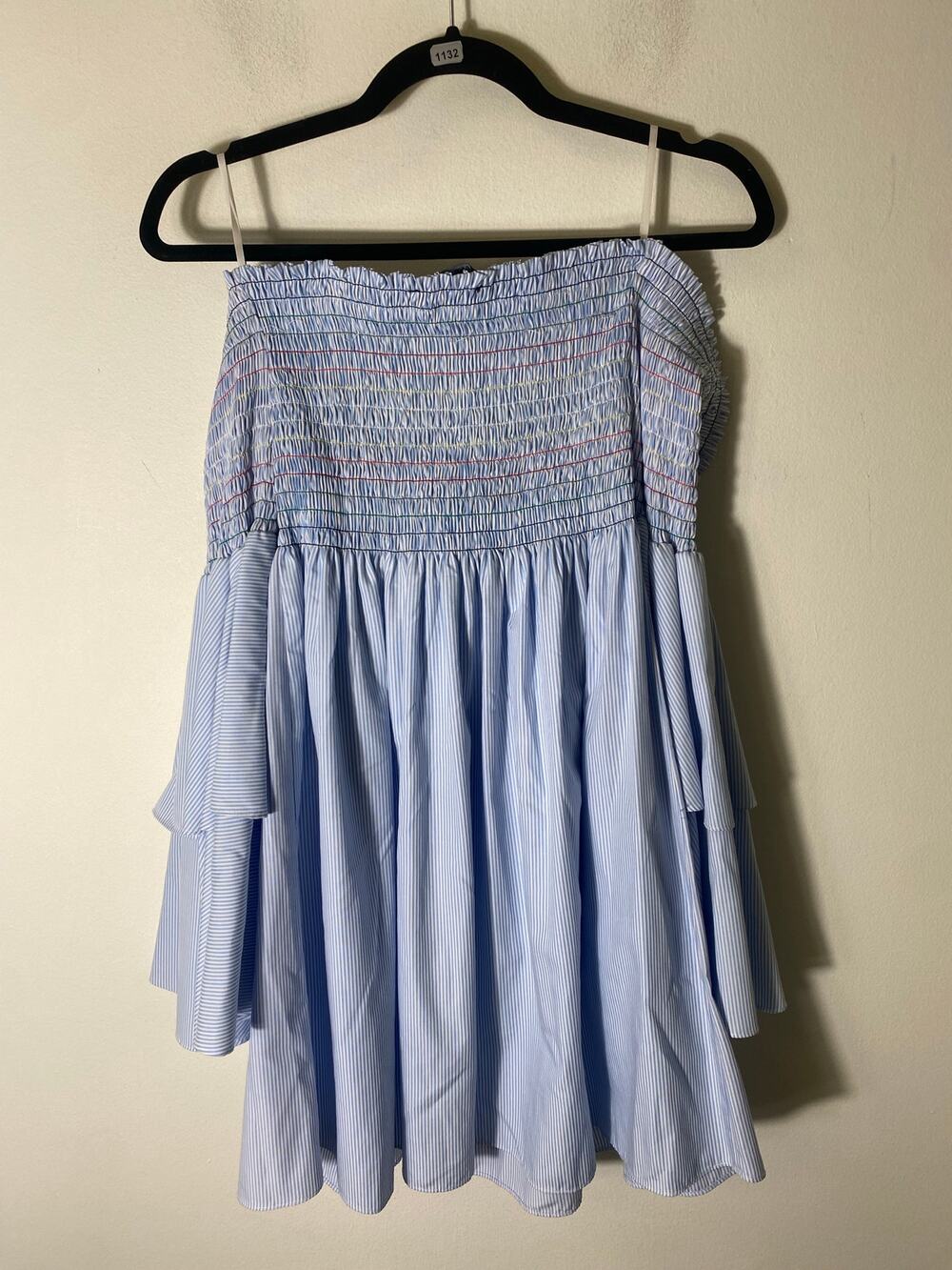 Central Park West Light Blue White Stripe Cold Shoulder Smocked Dress Sz M